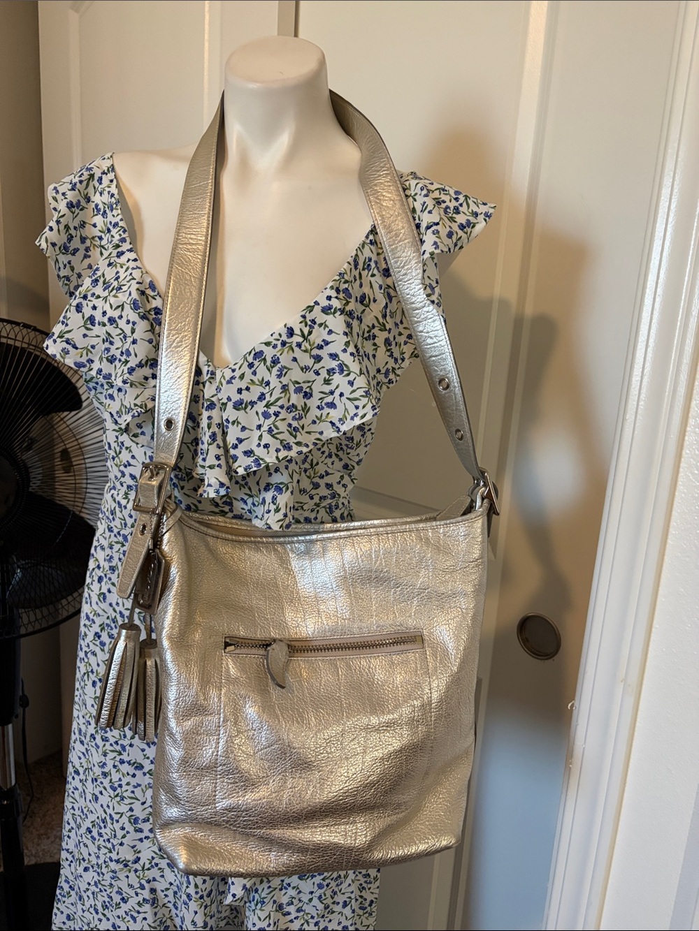 Coach Metallic Silver Shoulder Bag with Tassel